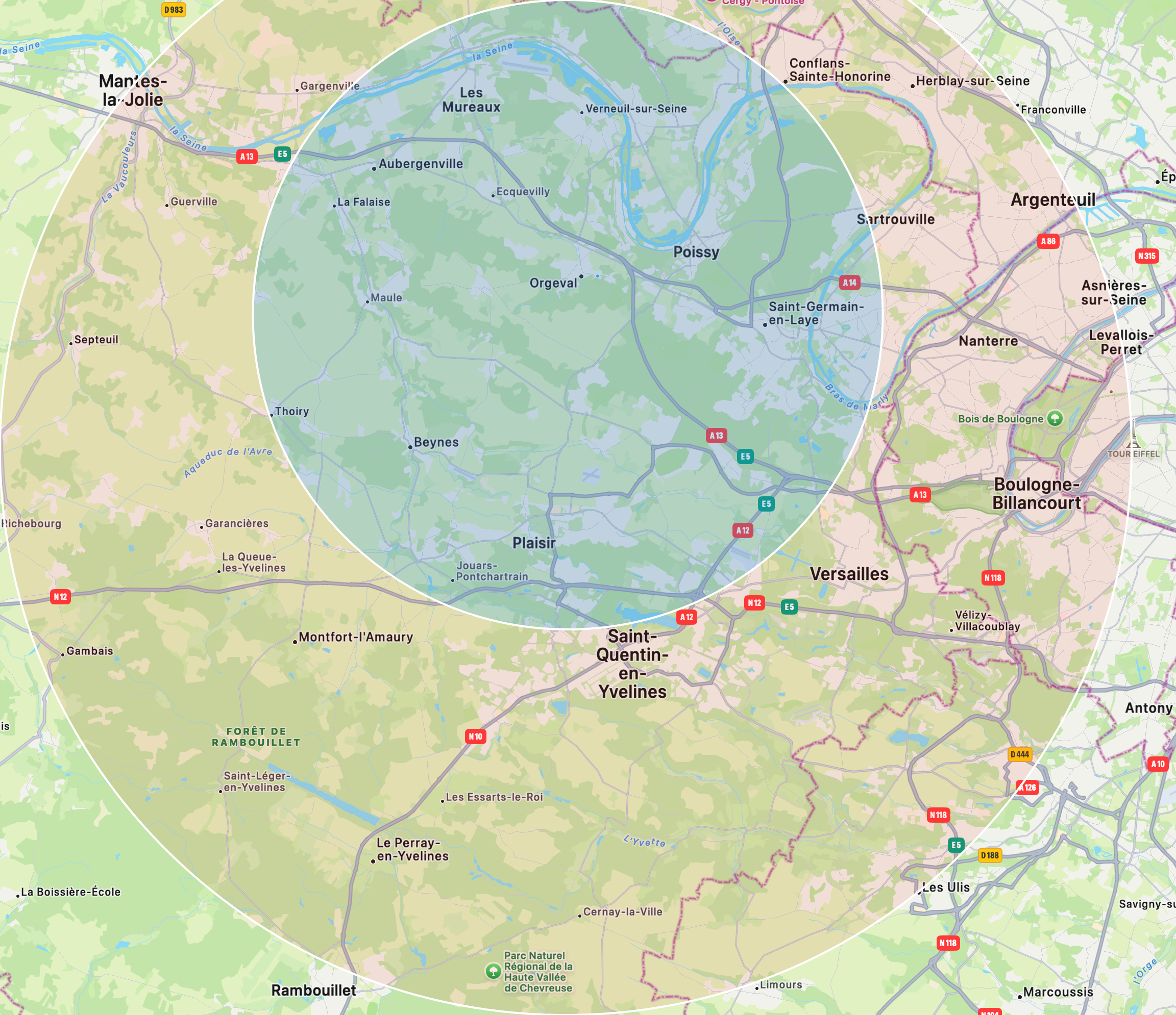 Carte de la zone d'intervention G L'ELEC autour d'Orgeval, rayon de 25 km